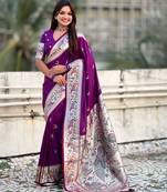 chandrakor paithani silk blend banarasi zari woven saree