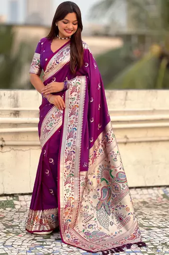 chandrakor paithani silk blend banarasi zari woven saree