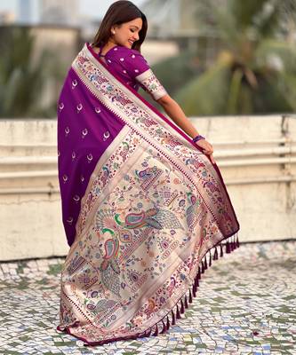 chandrakor paithani silk blend banarasi zari woven saree 3