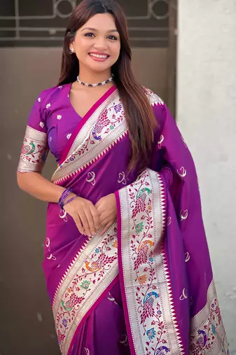 chandrakor paithani silk blend banarasi zari woven saree