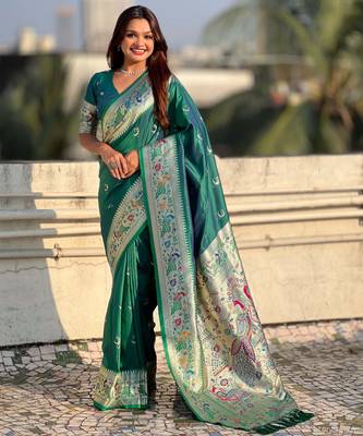 chandrakor paithani silk blend banarasi zari woven saree 1