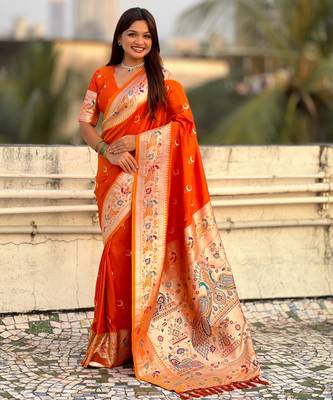 chandrakor paithani silk blend banarasi zari woven saree 1