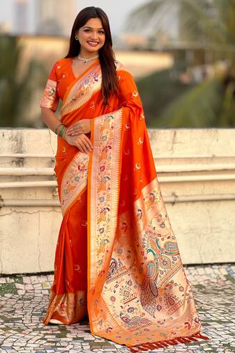 chandrakor paithani silk blend banarasi zari woven saree