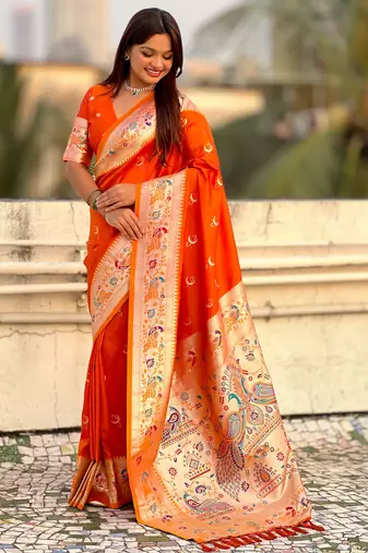 chandrakor paithani silk blend banarasi zari woven saree
