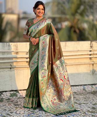 chandrakor paithani silk blend banarasi zari woven saree 1
