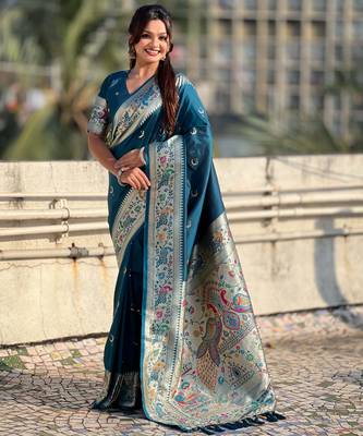 chandrakor paithani silk blend banarasi zari woven saree 1
