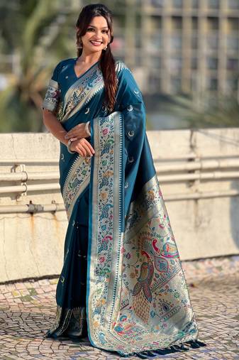 chandrakor paithani silk blend banarasi zari woven saree