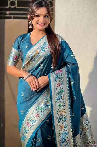 chandrakor paithani silk blend banarasi zari woven saree
