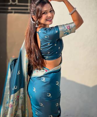 chandrakor paithani silk blend banarasi zari woven saree 4