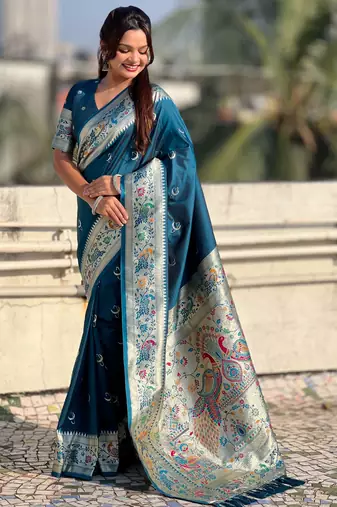chandrakor paithani silk blend banarasi zari woven saree