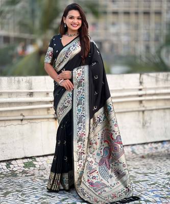 chandrakor paithani silk blend banarasi zari woven saree 1