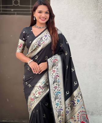 chandrakor paithani silk blend banarasi zari woven saree 4