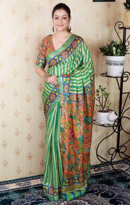 soft tussar silk blend striped traditional printed zari woven saree 1