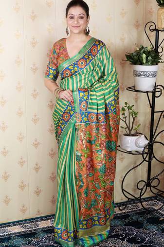 soft tussar silk blend striped traditional printed zari woven saree