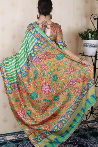 soft tussar silk blend striped traditional printed zari woven saree