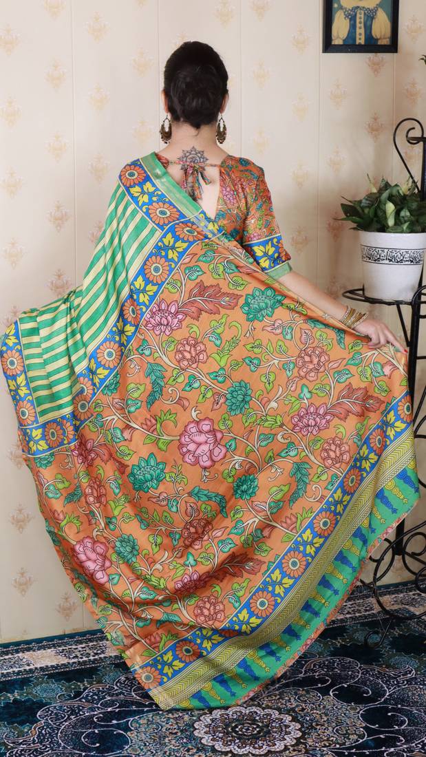 soft tussar silk blend striped traditional printed zari woven saree