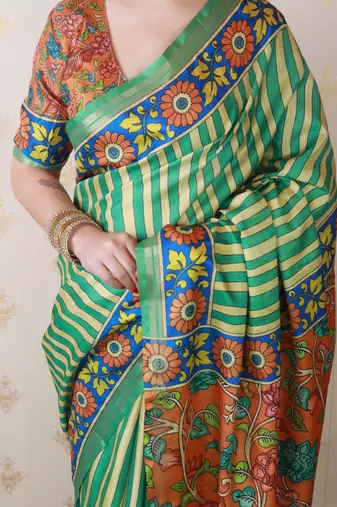 soft tussar silk blend striped traditional printed zari woven saree