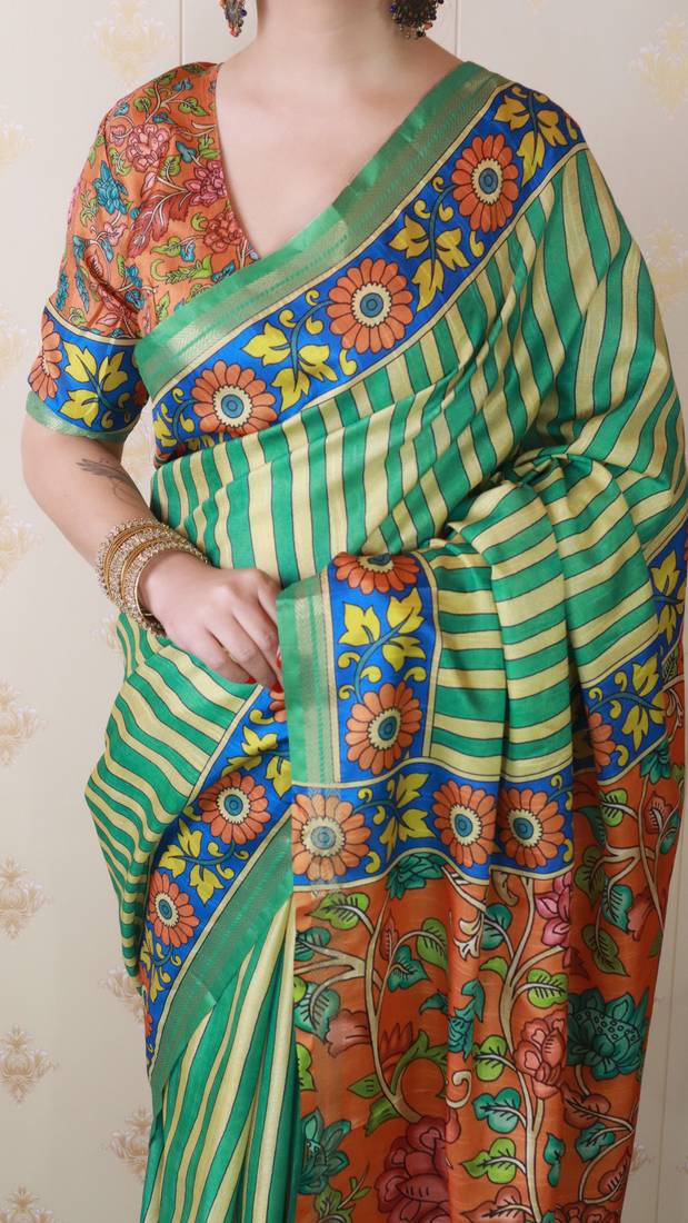 soft tussar silk blend striped traditional printed zari woven saree