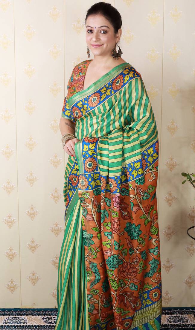 soft tussar silk blend striped traditional printed zari woven saree