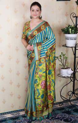 soft tussar silk blend striped traditional printed zari woven saree 1