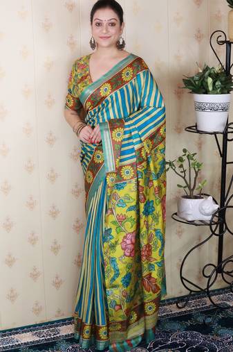 soft tussar silk blend striped traditional printed zari woven saree
