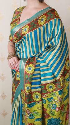 soft tussar silk blend striped traditional printed zari woven saree 4