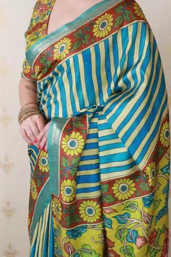 soft tussar silk blend striped traditional printed zari woven saree