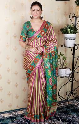 soft tussar silk blend striped traditional printed zari woven saree 1