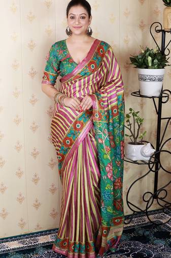 soft tussar silk blend striped traditional printed zari woven saree