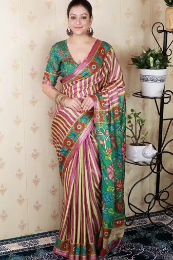 soft tussar silk blend striped traditional printed zari woven saree