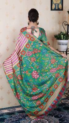 soft tussar silk blend striped traditional printed zari woven saree 3
