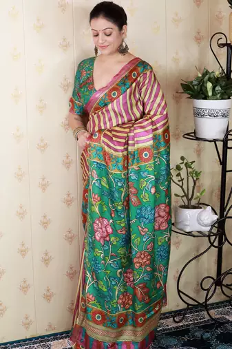soft tussar silk blend striped traditional printed zari woven saree