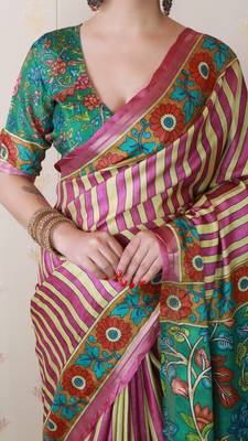 soft tussar silk blend striped traditional printed zari woven saree 5