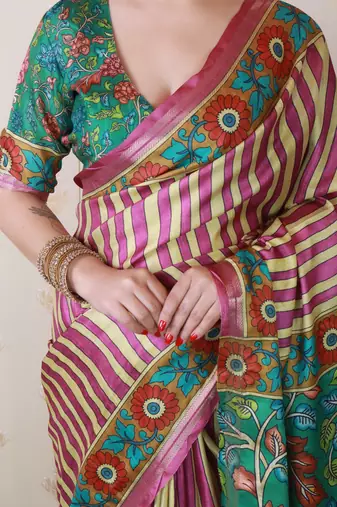 soft tussar silk blend striped traditional printed zari woven saree
