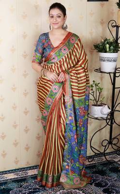 soft tussar silk blend striped traditional printed zari woven saree 1