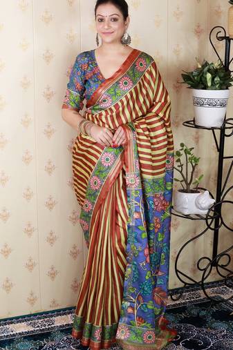 soft tussar silk blend striped traditional printed zari woven saree