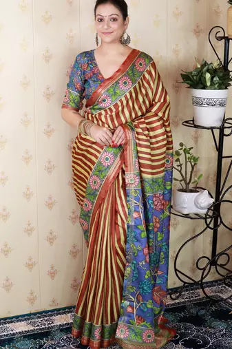 soft tussar silk blend striped traditional printed zari woven saree