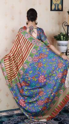 soft tussar silk blend striped traditional printed zari woven saree 2