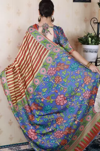 soft tussar silk blend striped traditional printed zari woven saree