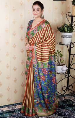 soft tussar silk blend striped traditional printed zari woven saree 4
