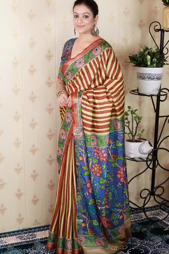 soft tussar silk blend striped traditional printed zari woven saree