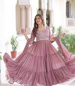 Peach georgette sequins bead embroidered ruffle flared gown with dupatta