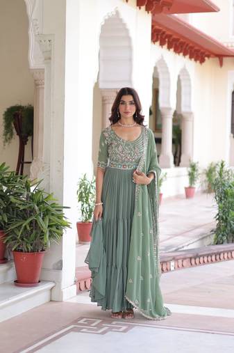 Pista georgette sequins bead embroidered ruffle flared gown with dupatta