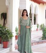 Pista georgette sequins bead embroidered ruffle flared gown with dupatta