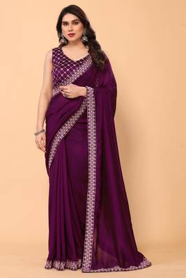wine georgette saree with embroidery border with blouse piece 1