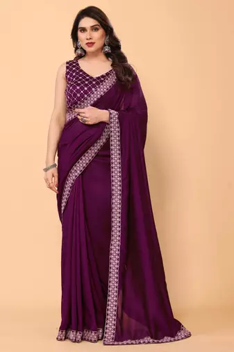 wine georgette saree with embroidery border with blouse piece