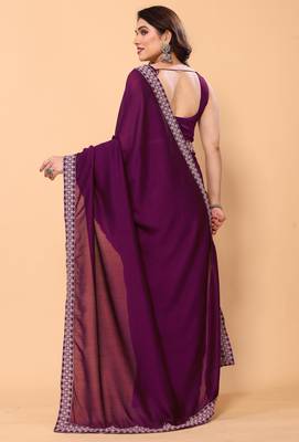 wine georgette saree with embroidery border with blouse piece 2