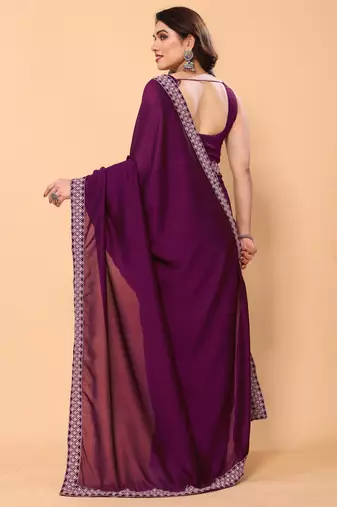 wine georgette saree with embroidery border with blouse piece