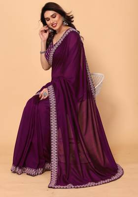 wine georgette saree with embroidery border with blouse piece 3
