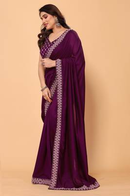 wine georgette saree with embroidery border with blouse piece 4